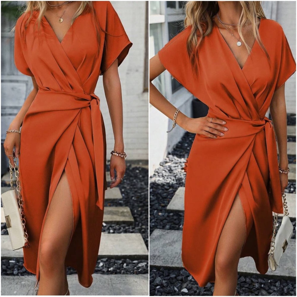 Classic Solid Pleated Wrap Midi Dress - Picture 7 of 9